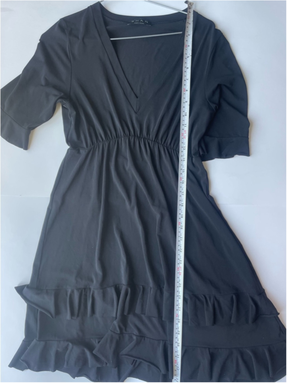 Shan Black Ruffle Hem Mini Dress V Neck Soft Stretch Flowy Small Medium - Picture 5 of 8